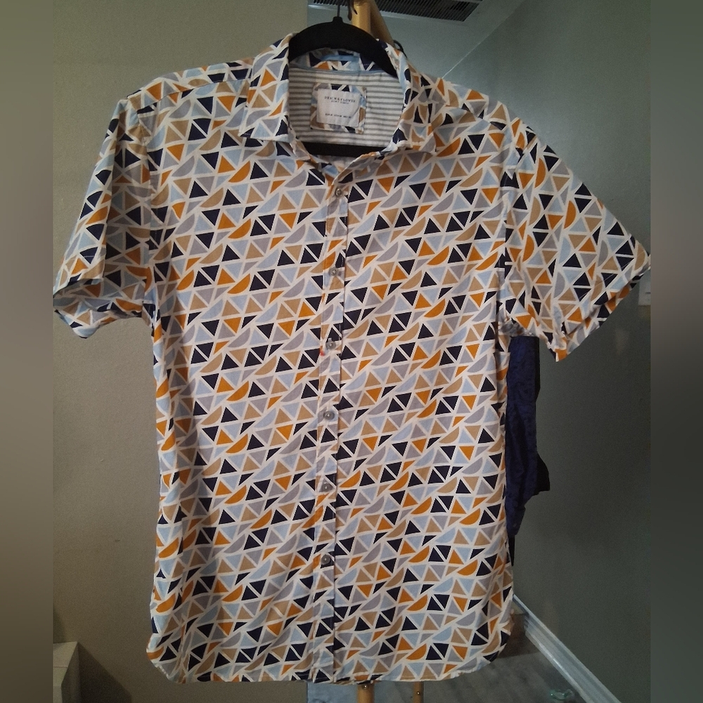 Denim & Flower Blue and Orange Geometric Print Casual Button Down Shirt